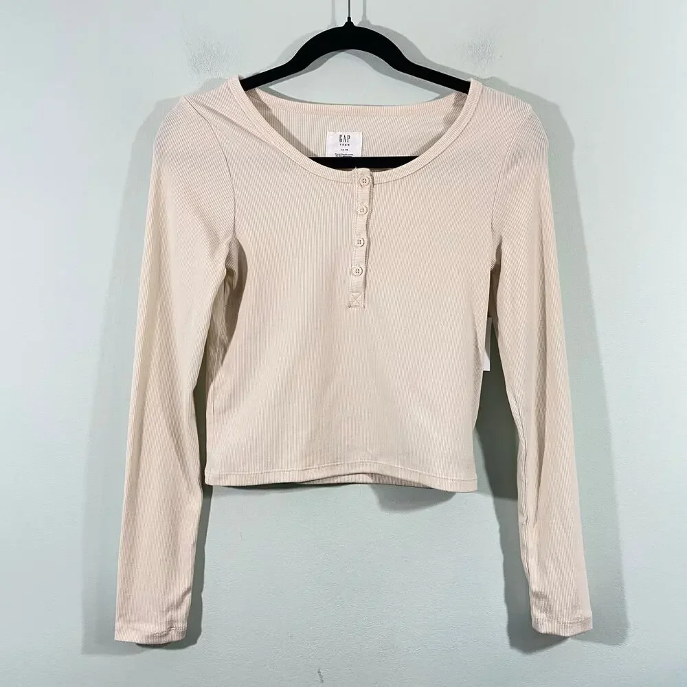 Gap Teen Cream Ribbed Long Sleeve Henley Top Size 14-16 NWT